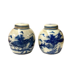 Pair Blue White Mini Oriental Graphic Porcelain Ginger Jars ws950E