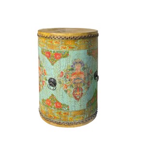 Distressed Chinese Tibetan Drum Shape Turquoise Crackle Floral Side Table cs7518E image 4