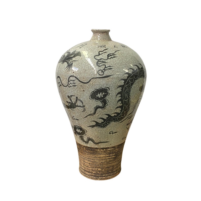 Chinese Crackle Gray Ceramic Hand-painted Dragon Vase ws1406E image 2