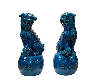 Pair Chinese Blue Color Glaze Ceramic Fengshui Foo Dog Figures ws2722E