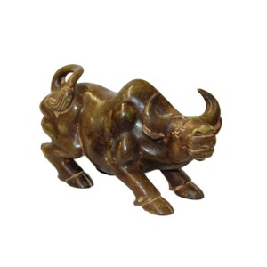 Chinese Green Brown Mix Stone Carved Ox Cow Display Figure cs5635E