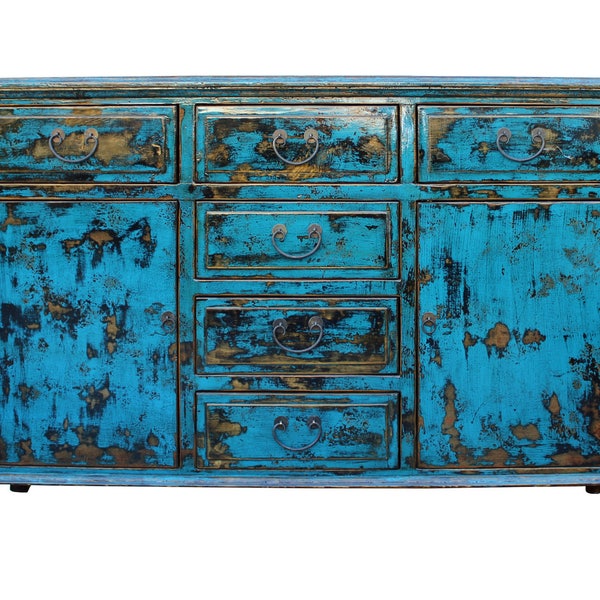 Oriental Distressed Rustic Blue Credenza Sideboard Buffet Table Cabinet cs3151E