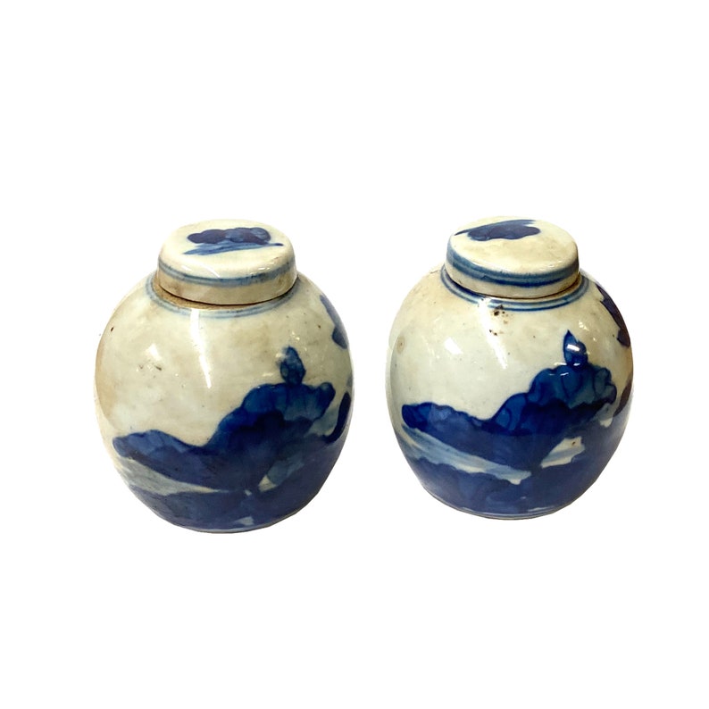 Pair Blue White Mini Oriental Graphic Porcelain Ginger Jars ws949E image 2