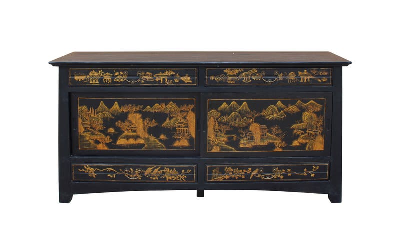 Chinese Fujian Golden Graphic Sideboard High Credenza Console Table TV Cabinet cs3509E image 2
