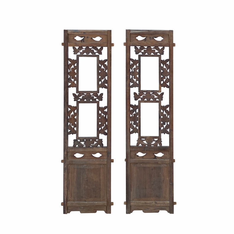 Pair Chinese Vintage Restored Wood Brown Flower Carving Wall Hanging Art cs6968E image 2