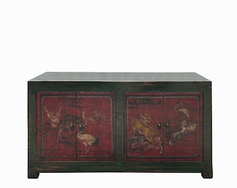 Vintage Chinese Tiger Crane Red Doors Green Top TV Media Console Table cs7684