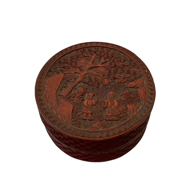 Vintage Chinese Red Resin Lacquer Round Carving Small Accent Box ws3011E image 5