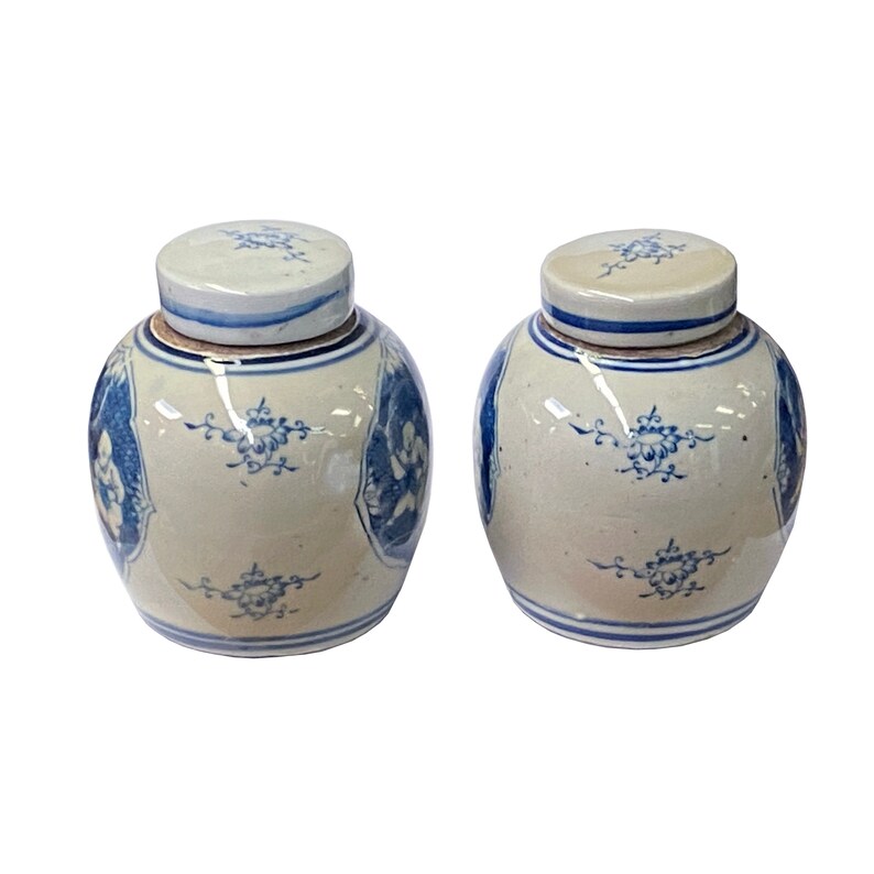 Pair Blue White Small Oriental Double Kids Porcelain Ginger Jars ws1378E image 2