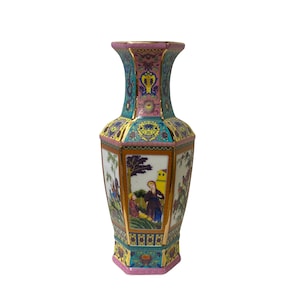Chinese Turquoise Rich Multi-Color Print Graphic Porcelain Vase ws1478E