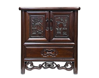 Chinese Oriental Huali Oxblood Brown Rosewood Motif End Table Nightstand cs7453E