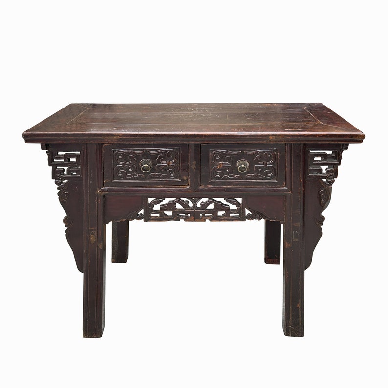 Chinese Vintage 2 Drawers Carving Brown Side Table Cabinet cs7752E image 5