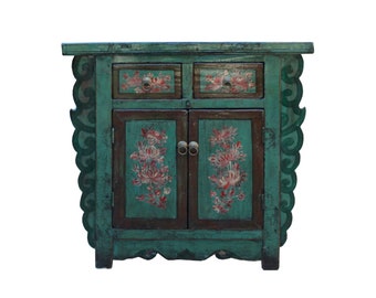 Chinese Distressed Green & Brown Flower Graphic Table Cabinet cs5948E