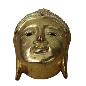 Handcrafted Wood Gold Paint Serene Meditate Sakyamuni Buddha Face Mask Sculpture n262E image 4