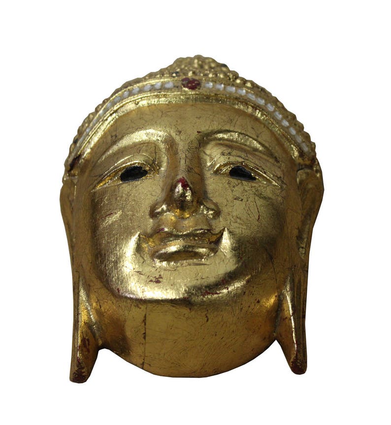 Handcrafted Wood Gold Paint Serene Meditate Sakyamuni Buddha Face Mask Sculpture n262E image 4