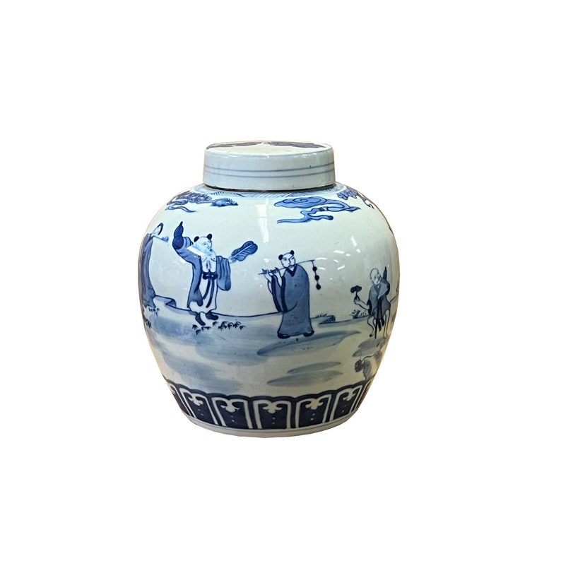 Chinese Hand-paint 8 Immortal Blue White Porcelain Ginger Jar ws2823E image 1