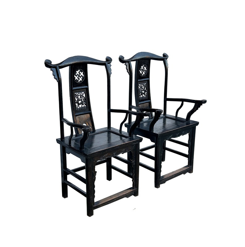 Pair Vintage Chinese Rustic Black Lacquer Deer Motif Yoke-Back Armchairs cs7807E image 7