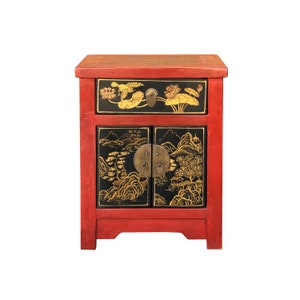 Oriental Distressed Red Black Golden Graphic Side End Table Nightstand cs7695E image 1