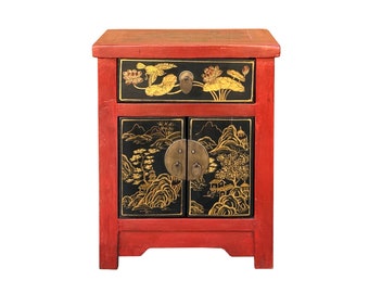 Oriental Distressed Red Black Golden Graphic Side End Table Nightstand cs7695E