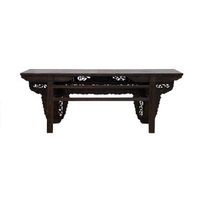 Vintage Chinese Brown Wood Open Flower RuYi Carving Apron Altar Console Table cs7802E image 3