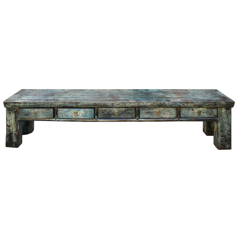 Chinese Distressed Teal Blue Green 4 Drawers Low Bench Cabinet Table cs4551E