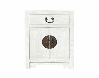 Oriental Distressed Off White Lacquer End Table Nightstand Cabinet cs7128E