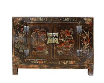 Oriental Chinoiseries Distressed Flower Black Low TV Console Cabinet cs5902E