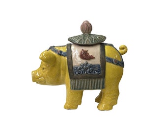 Figurine orientale vintage en forme de cochon en céramique jaune gris ws3875E