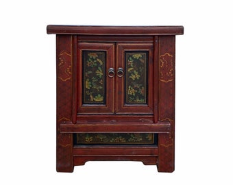 Chinese Vintage Brick Red Flower Graphic End Table Nightstand cs7070E