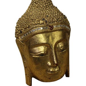 Handcrafted Wood Gold Paint Serene Meditate Sakyamuni Buddha Face Mask Sculpture n262E image 2