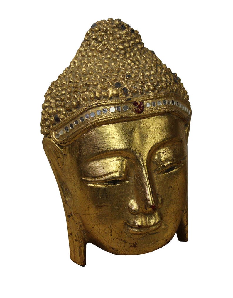 Handcrafted Wood Gold Paint Serene Meditate Sakyamuni Buddha Face Mask Sculpture n262E image 2