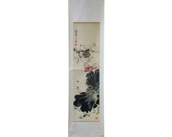 Chinese Color Ink Water Ducks Flower Pond Scroll Painting Wall Art ws1972E