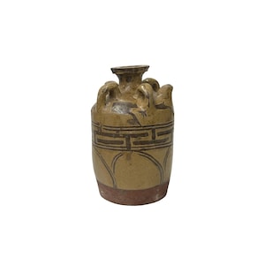 Earthy Brown Pottery Tube Shape Rings Geometric Pattern Art Vase JK215E