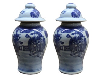 Lot of 2 Chinese Porcelain Blue & White Small Round Lid Jars ws106E