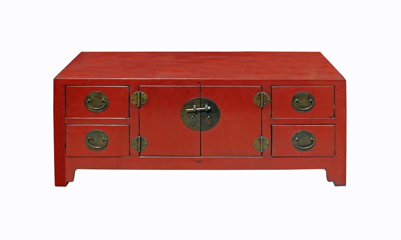 Chinese Oriental Zen Distressed Red Console Sideboard TV Cabinet cs3925E