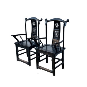 Pair Vintage Chinese Rustic Black Lacquer Deer Motif Yoke-Back Armchairs cs7807E image 8