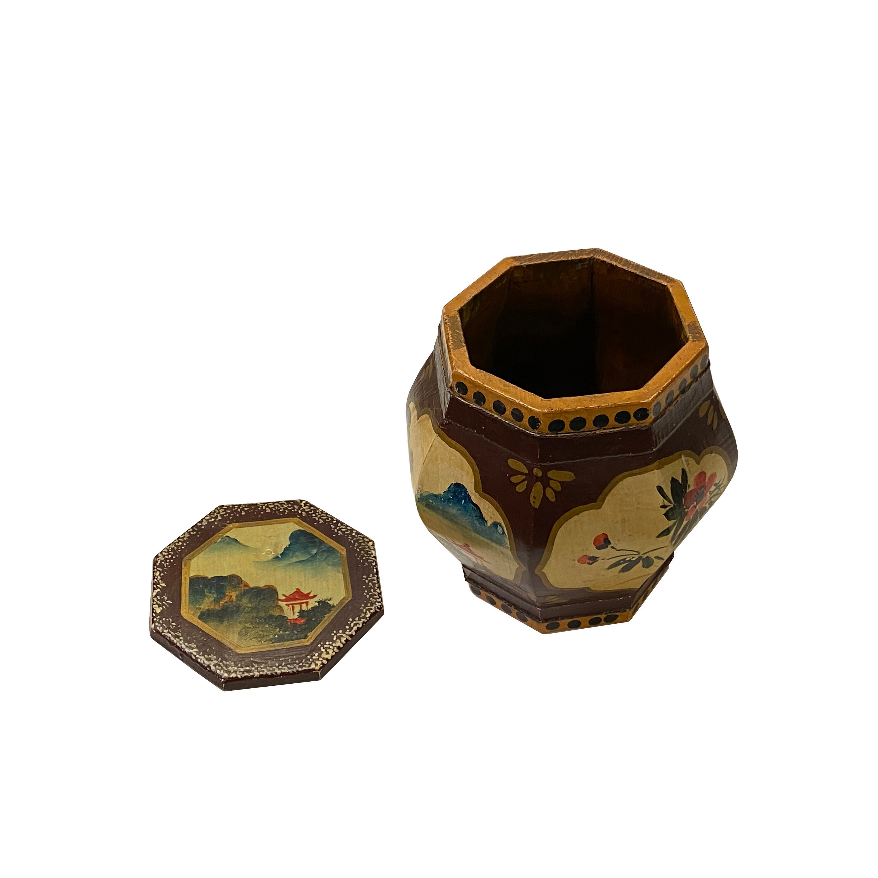 Small Chinese Vintage Wood Octagon Brown Scenery Box Display