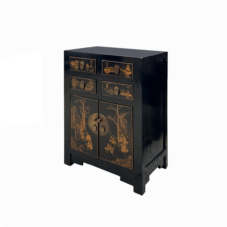 Vintage Oriental Distressed People Golden Graphic Black Side Table Cabinet cs7767E image 5