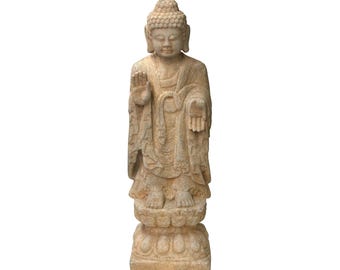 Chinese Small Brown White Stone Standing Abhaya Mudra Buddha Statue cs4315E