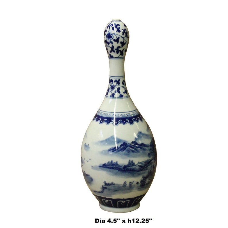 Chinese Blue White Porcelain Scenery Graphic Bulb Shape Vase ws1106E image 3