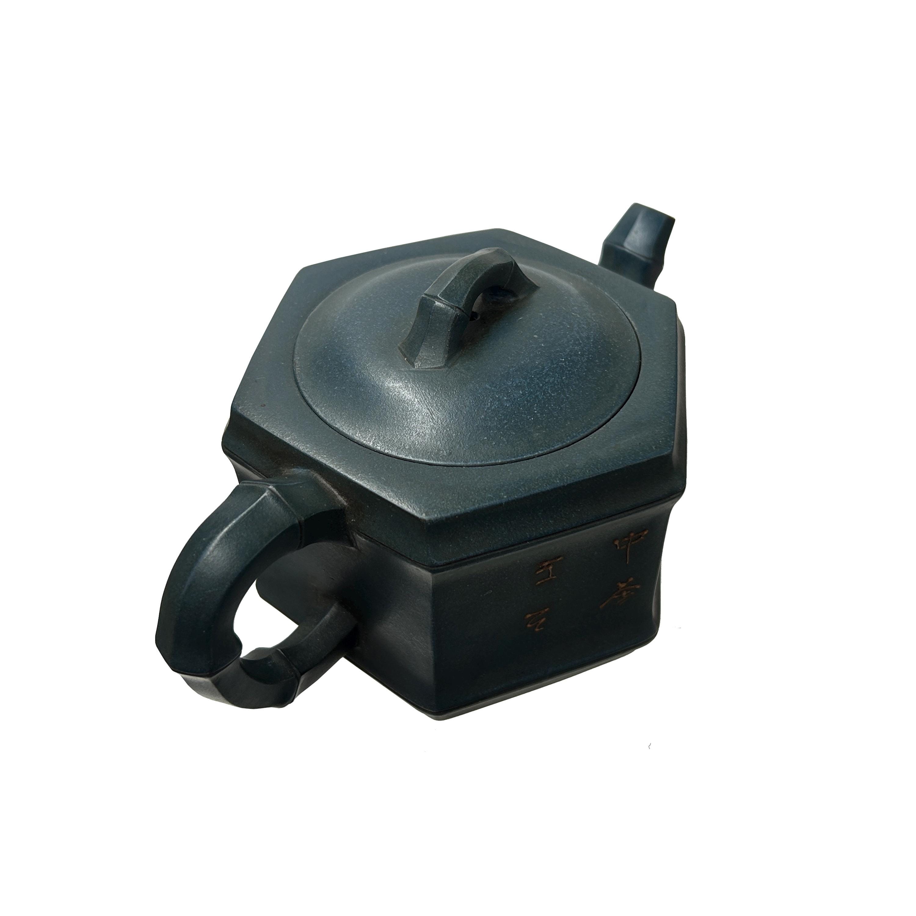 Vintage Chinese Gray Blue Hexagonal Bamboo Theme Zisha Clay Teapot