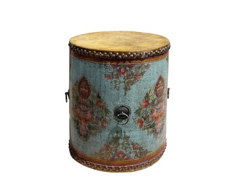 Distressed Chinese Tibetan Drum Shape Light Blue Floral Side Table cs7600E