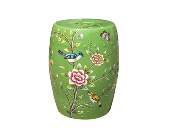 Handmade Apple Green Porcelain Birds Flower Round Stool Ottoman cs6917E