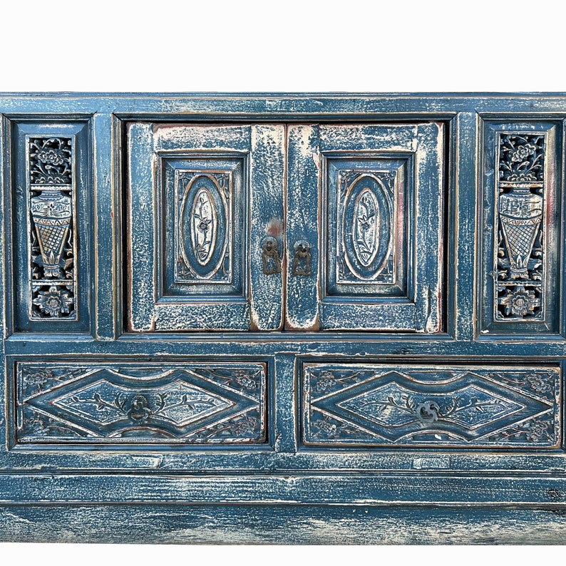 Chinese Distressed Dark Blue Vases Relief Pattern TV Console Table Cabinet cs7738E image 7