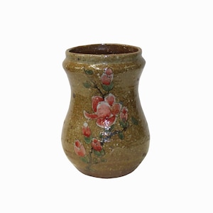 Handmade Ceramic Brown Tan Gray Flower Graphic Jar Vase ws2464E