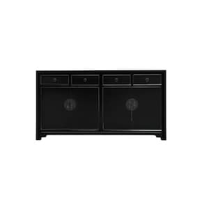 May include: A black cabinet with four drawers and four doors. The doors have decorative circular hardware. The cabinet is rectangular and sits low to the ground. The style is Asian-inspired.