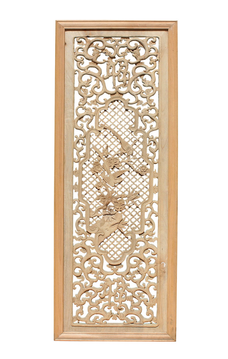 Chinese Rectangular Wood Flower Bird Carving Wall Panel Plaque cs3804E image 1