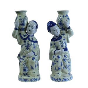 Paar Orientalische Keramik Creme Gelb Blau Paar halten Glas Figuren cs5215E