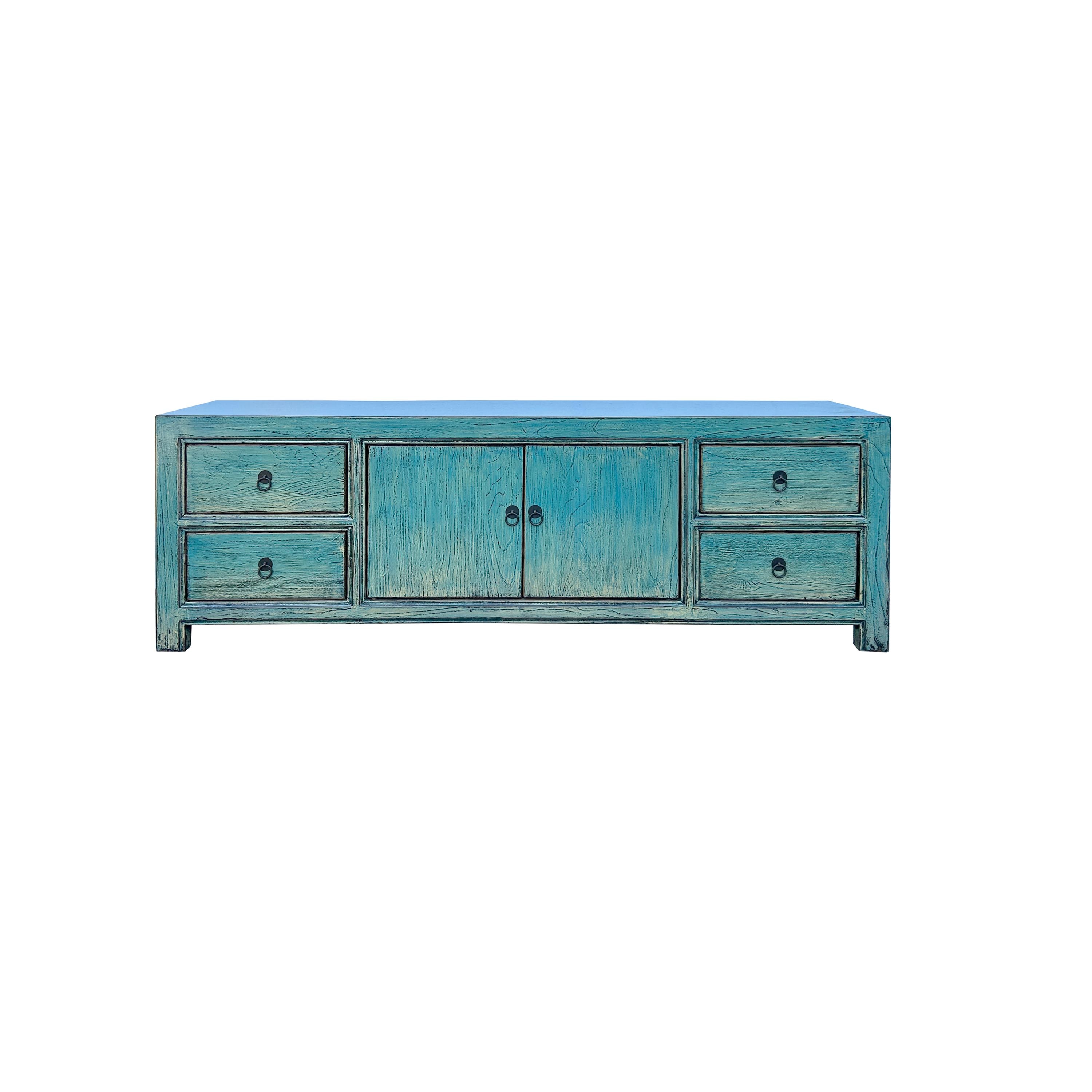 Oriental Distressed Light Turquoise Blue Low TV Media Console
