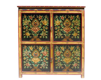 Chinese Tibetan Treasure Color Flower Graphic Credenza Storage Cabinet cs5804E