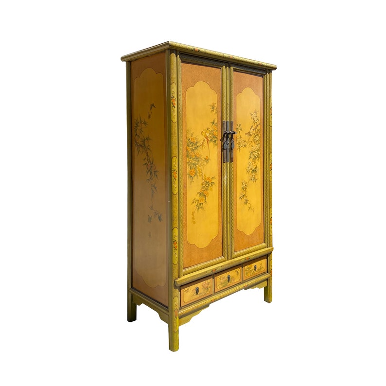Chinese Olive Green Yellow Flower Graphic Armoire Wardrobe Cabinet cs7309E image 2